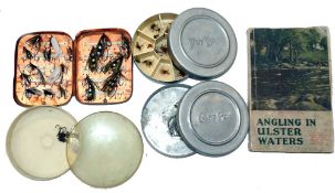 ACCESSORIES: (5) Scarce early copper pocket fly box, 4.5"x3.5", clip interior, containing assorted