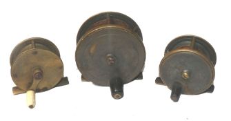 REELS: (3) A&N London 3" all brass plate wind reel, black handle smooth check, retaining most bronze