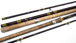 RODS: (2) Hardy Richard Walker Carp 10' 2 piece fibalite rod, gold whipped low bridge guides, 28"
