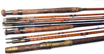 RODS: (3) Hardy Alnwick greenheart 10' 3 pce fly rod, snake guides, bronze ferrules, cork handle,