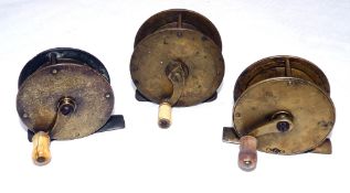 REELS: (3) Collection of three early all brass crank wind winches, all with white handles, 2 x 2.