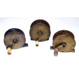 REELS: (3) Collection of three early all brass crank wind winches, all with white handles, 2 x 2.