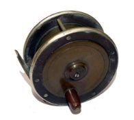 REEL: Fine D Slater Maker Newark, 3.25" brass/ebonite fly reel, horn handle, oval logo to faceplate,