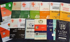 Selection of London Counties v International Overseas rugby tour programmes from the 1950s onwards
