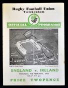 1935 England v Ireland (Champions) rugby programme played at Twickenham large single folded card c/w