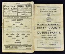 Derby County football programmes 1936/37 v Arsenal dated 3 February and v Queens Park Rangers 1947/