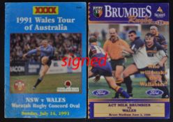 2x 1996 Wales Rugby Tour to Australia signed rugby programmes to incl v NSW Waratahs o Sunday 14th
