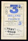 1949 Ireland v France rugby programme played at Lansdowne Road lots of pocket wear and folds some