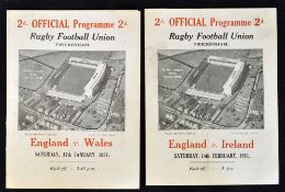 2x 1931 England rugby programmes (H) vs Wales (11-11) and vs Ireland (5-6) both single folded cards,