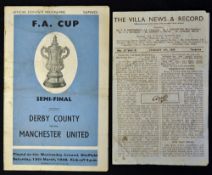 1947/48 Derby County v Manchester United football programme FA Cup SF at Hillsborough, t/w Aston