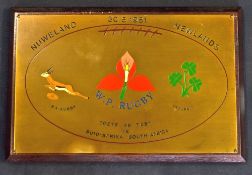 Rare 1981 South Africa "99th" rugby test match official presentation commemorative brass plaque -