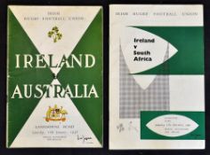 2x 1950/60's Ireland rugby programmes against tourists (H) to incl v Australia '58 (9-6) and v South