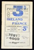 1947 Ireland v France rugby programme played at Lansdowne Road lots of pocket wear and folds