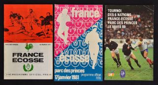 3x France v Scotland rugby programmes from 1975 to 1989 - to include France Grand Slam season '