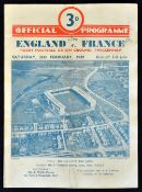 1949 England (Runners Up) vs France rugby programme played at Twickenham, single folded card