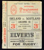 1939 Ireland (runners up) vs Scotland rugby programme played at Lansdowne Road, some pocket wear,