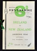 1954 Ireland vs New Zealand rugby programme played at Lansdowne Road New Zealand winning 14-3 fitted