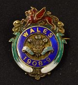 Fine 1908/09 Wales silver and enamel pin badge - c /w Prince of Wales Fathers and Red Dragon,