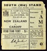 1953 Cardiff vs New Zealand rugby ticket played on Saturday 1st November, usual pocket folds,