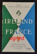 1957 Ireland vs France signed rugby programme - played on Saturday 26th January at Lansdowne Road