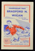 1952 Bradford N vs Wigan Northern Rugby league championship final programme- played at Leeds Road,