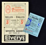 1936 Ireland vs England rugby programme and ticket played at Lansdowne Road c/w ticket stub with