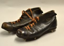 Pair of Pocock Pentagon Speed brown leather rugby boots c. 1950's fitted with alloy studs size 7 ½