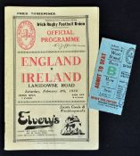 1930 Ireland vs England (Champions) rugby programme and ticket played at Lansdowne Road c/w ticket