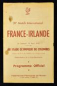 1958 France vs Ireland rugby programme single folded sheet some minor nicks and marks to the cover