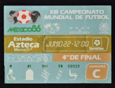 1986 World Cup Argentina v England football match ticket date 22 June at Azteca Stadium, the