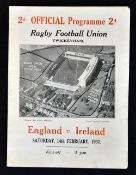 1931 England v Ireland rugby programme played at Twickenham large single folded card usual pocket