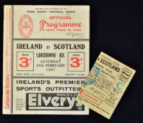 1937 Ireland (runners up) vs Scotland rugby programme and ticket played at Lansdowne Road c/w ticket