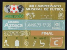 1986 World Cup Final Argentina v West Germany football match ticket at the Azteca Stadium, 29