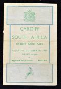 1960 Cardiff vs South Africa rugby programme played at Cardiff Arms Park on Saturday 29th October
