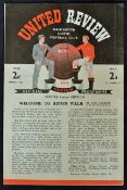 1949/1950 Manchester United v Aston Villa football programme date 8 March, a scarce issue in fair to