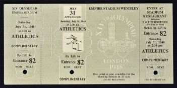 1948 London Olympic Games ticket - an unused complimentary ticket for the Athletic Events at the