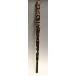 Rare treen dark stained carved walking stick c. 1900 - carved handle and shaft featuring a cricket