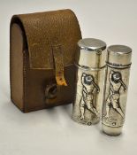 2x early Silver Golfing pots c.1900 - a pair of quality cylindrical containers with embossed golfing