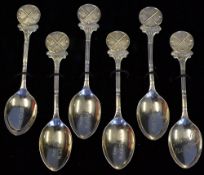 Set of 6 matching silver monthly medal golfing teaspoons c. 1930's - each mounted with circular