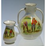 2x Foley China Co golf decorated spill vases c.1920 - both decorated with hand-painted golfing