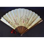 Ladies tennis related silk fan with mahogany frame and silk splayed fan decorated with children