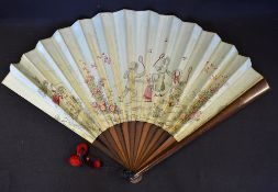 Ladies tennis related silk fan with mahogany frame and silk splayed fan decorated with children