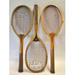 3x wooden convex tennis rackets to incl Williams & Co Paris Driva fitted with red and plain double