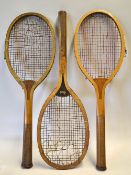 3x wooden convex tennis rackets to incl Williams & Co Paris Driva fitted with red and plain double