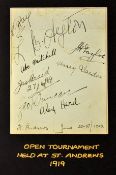 Rare 1919 Open Golf Tournament signed autograph page - inscribed in pen "St Andrew June 25-27