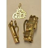 3x gold golfing lucky charms to incl 9ct golf lucky charm golf bag and clubs, 9ct golf bag pin