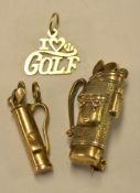 3x gold golfing lucky charms to incl 9ct golf lucky charm golf bag and clubs, 9ct golf bag pin