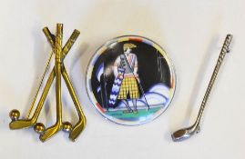 Interesting collection of silver and brass golf brooches to incl Art deco porcelain golfing brooch