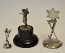 3x various silver golfing trophies to include silver golfing figure mounted on a wooden base,