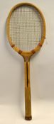 Unusual French "Modele Depose" wooden concave wedge tennis racket with deep slots to either side